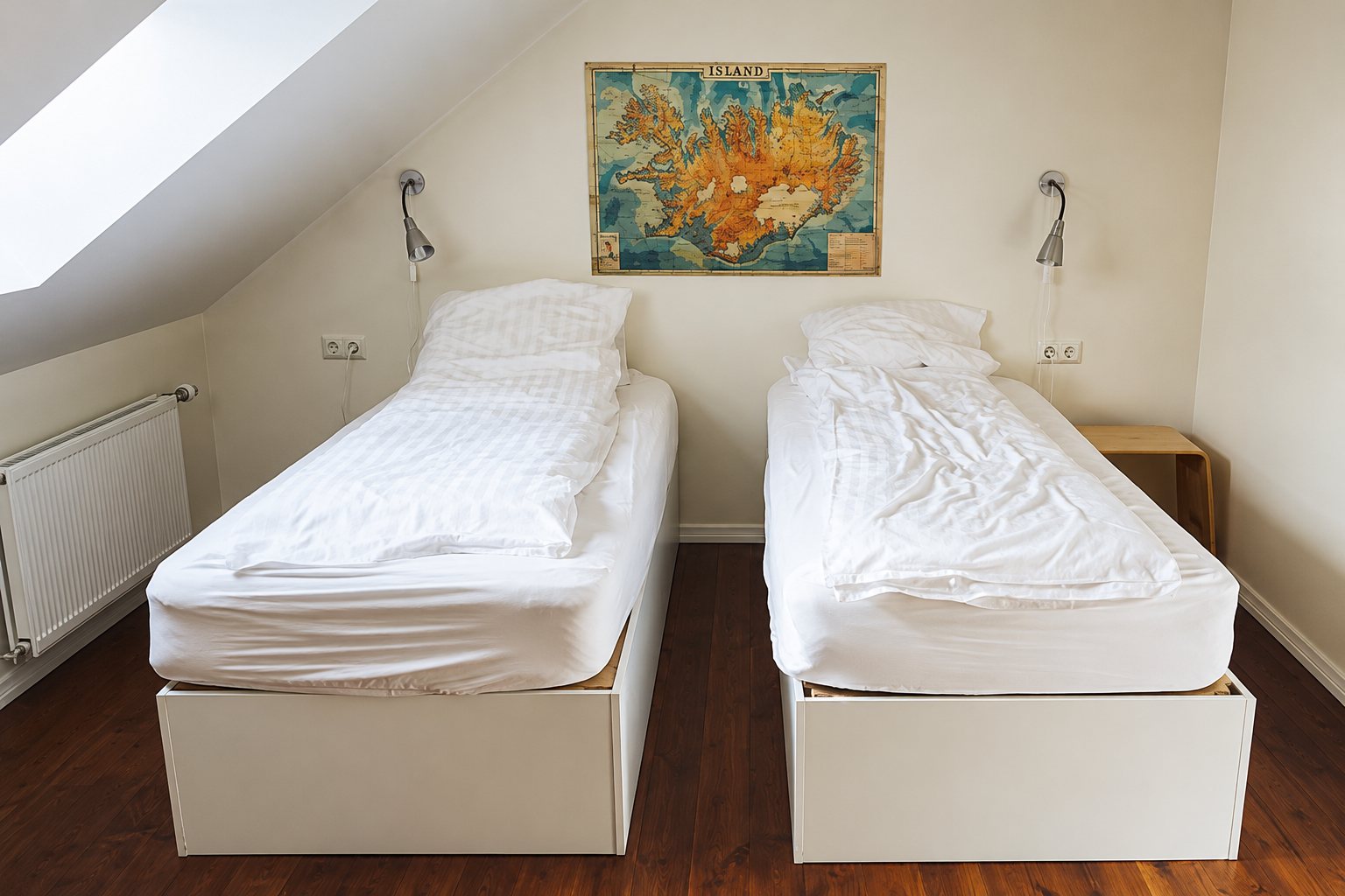 Chambre sous les combles avec deux lits simples habillés de blanc, une carte ancienne de l'Islande au mur et un radiateur sur le côté.