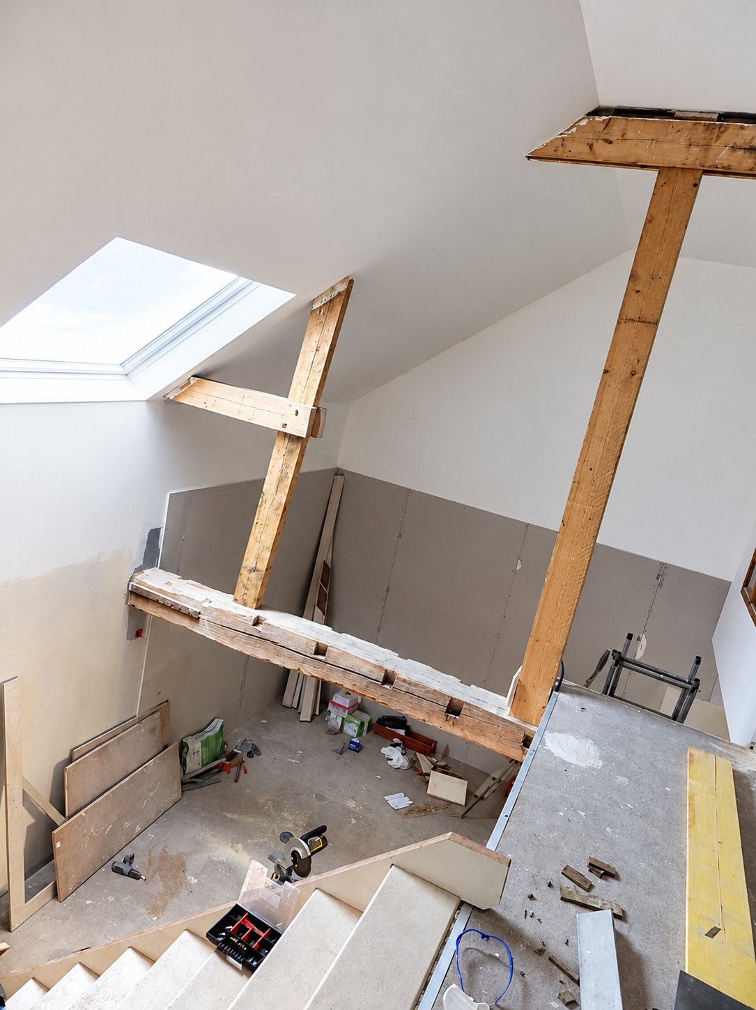 Vue en hauteur d'un chantier de combles en rénovation, avec poutres en bois, cloisons en plaques de plâtre, fenêtre de toit et outils posés au sol.