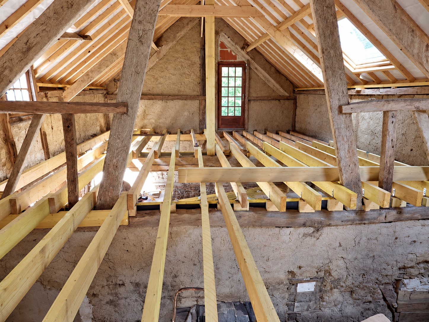 Intérieur d'un grenier en pierre avec une charpente ancienne en bois et de nouvelles solives claires posées lors d'un chantier de rénovation.