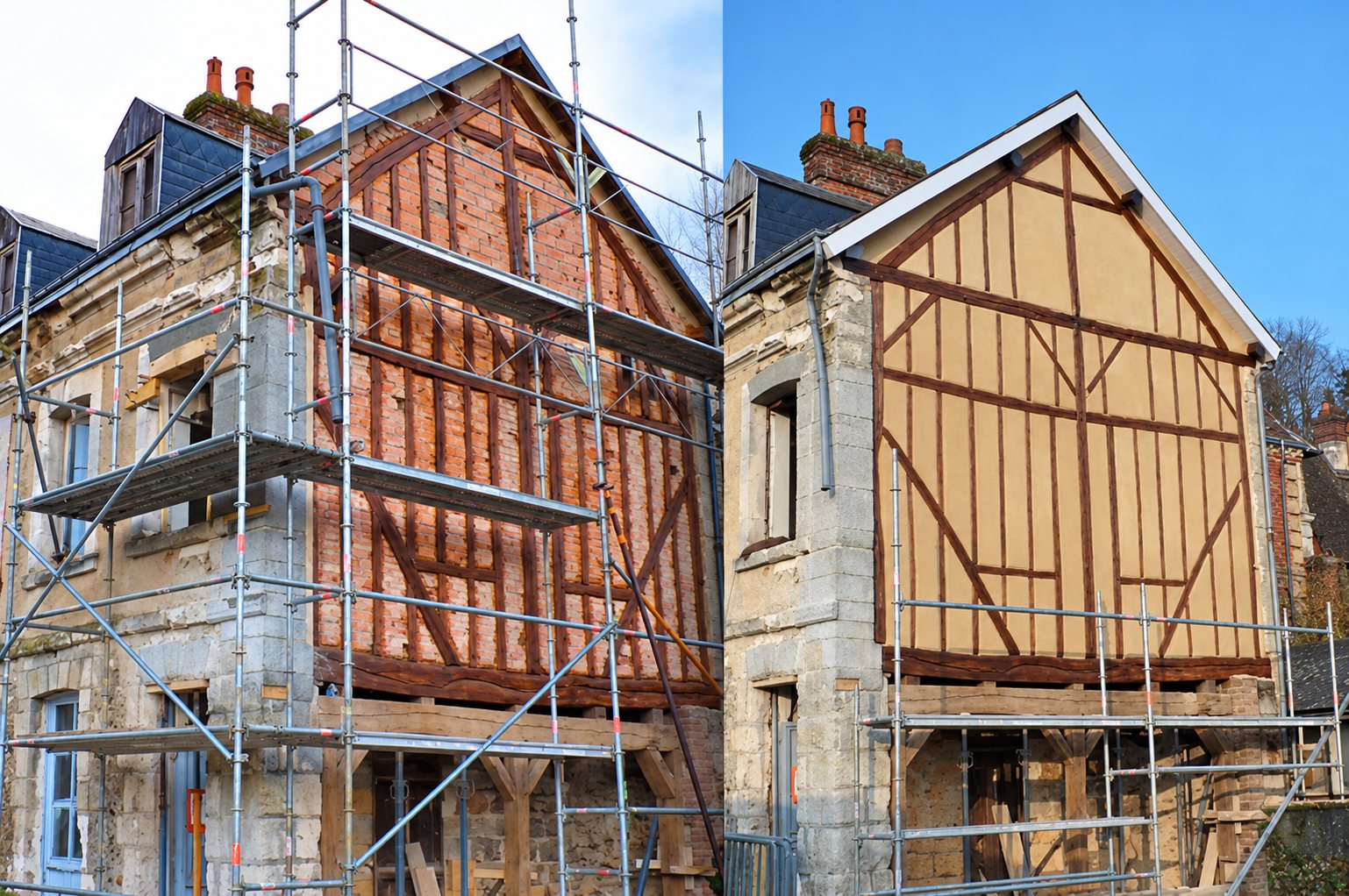 Comparaison avant et après de la rénovation d'une façade à pans de bois, avec échafaudage, sur une maison en pierre.