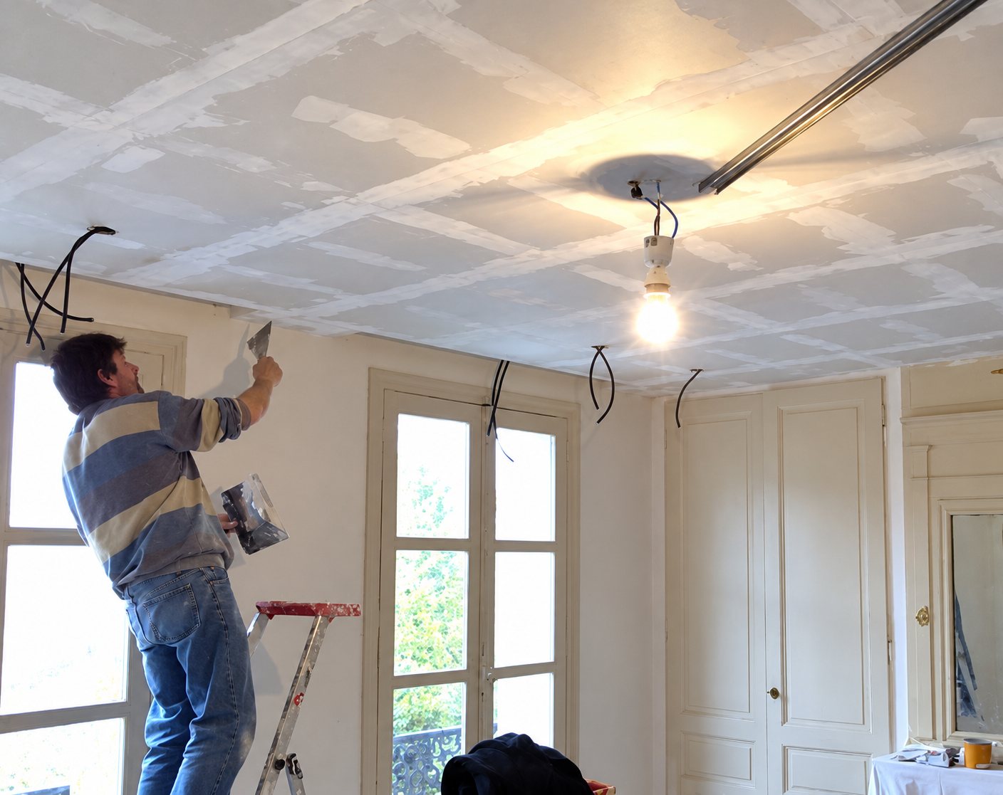 Un ouvrier debout près d'un escabeau applique de l'enduit sur les joints d'un plafond en plaques de plâtre, dans une pièce avec grandes fenêtres et une ampoule suspendue.