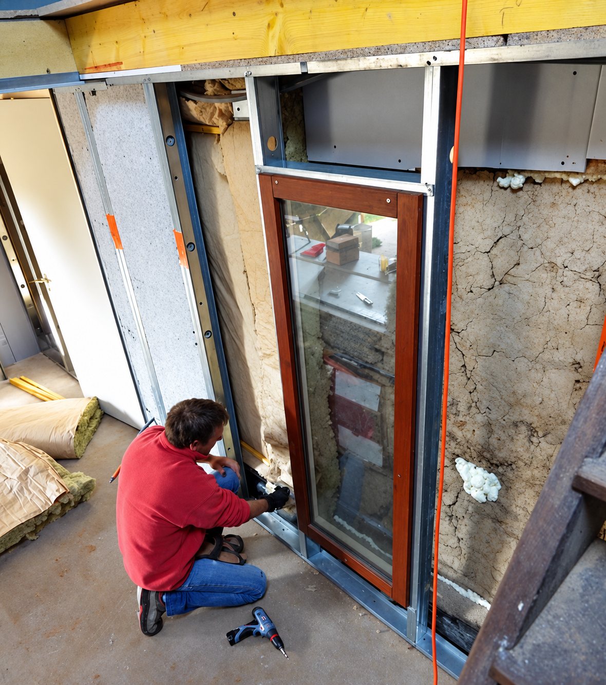 Un ouvrier en pull rouge est accroupi et fixe une fenêtre à cadre en bois dans un mur ancien en terre en cours de rénovation, avec une perceuse posée au sol.