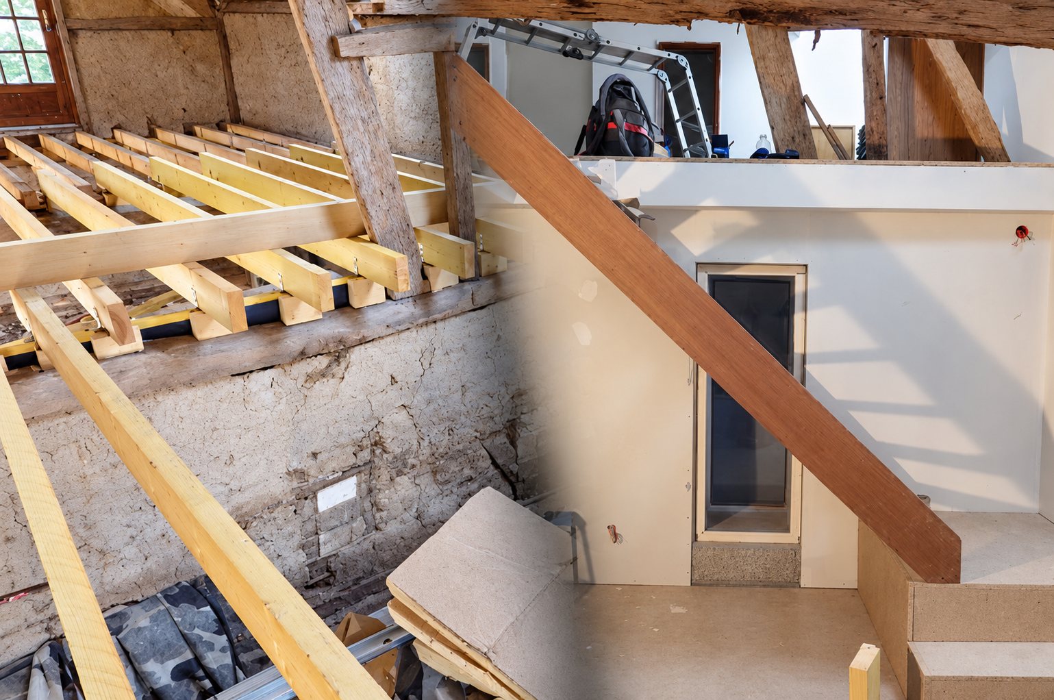 Montage de deux photos montrant la rénovation d'une charpente avec de nouvelles solives en bois à gauche et un espace aménagé avec escalier et panneaux de bois à droite.