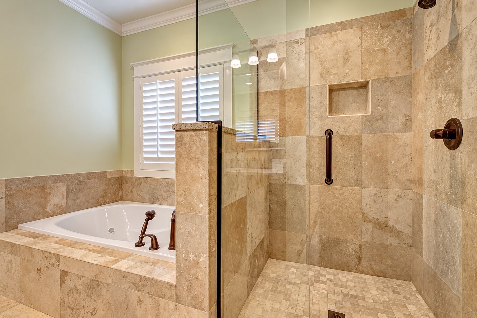 Salle de bain rénovée avec une baignoire encastrée, une grande douche vitrée carrelée de pierre beige et des volets blancs à la fenêtre.