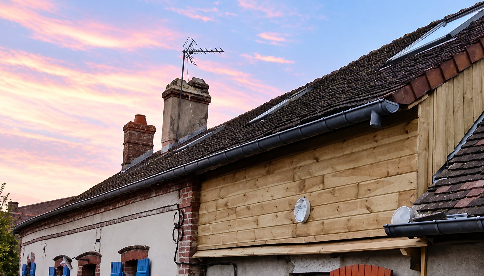 Vue d'une toiture ancienne en tuiles plates avec deux cheminées, une antenne, une fenêtre de toit et un mur récemment habillé de planches de bois, sous un ciel rosé.